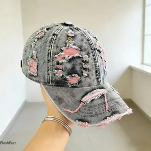 Men’s Retro Washed Ripped Denim Sports Trucker Cap - Adjustable Snapback, Structured Hat, Vintage Flair, Sun Protection for Daily Commute, Hiking, Summervibes Outdoorfun