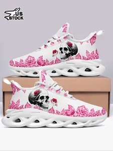 Women's Fashionable Rose & Skull Print Lace Up Sneakers, Casual Comfortable Breathable Sports Running Shoes, Female All-match Round Toe Shoes for Daily Wear, Sporty Running Shoes, Running Athletic Shoes