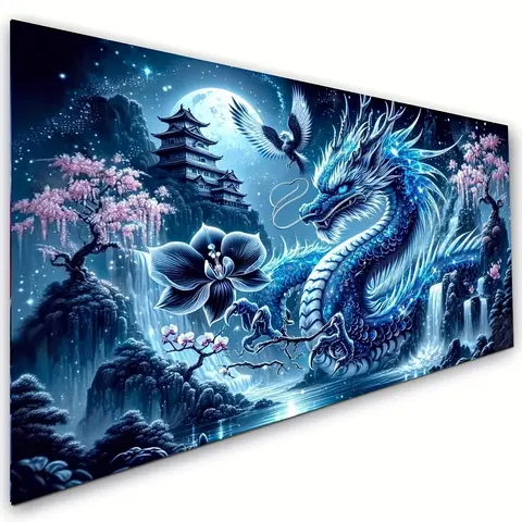 1 PC Fantasy Dragon 5D Full Drill Round Acrylic Diamond Painting Kit - DIY Mosaic Art with Waterfall Landscape & Flowers, Unisex Beginners-Friendly Kit with Sticky-Safe Film for Relax & Stress Off, Wall Art Painting for Home Decor, 80x40cm (31.49x15.74in)