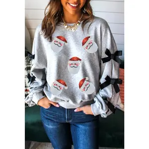 Light Grey Sequin Santa Claus Patched Ribbon Bow Detail Split Sleeve Baggy Sweatshirt
