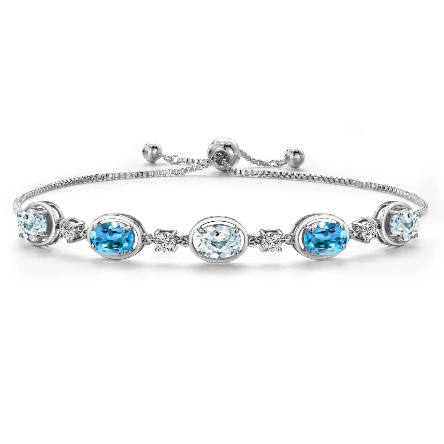 925 Sterling Silver Sky Blue Aquamarine and Swiss Blue Topaz and Moissanite Tennis Bracelet For Women | 4.25 Cttw | Gemstone March Birthstone | Oval 7X5MM | Fully Adjustable 10 Inch