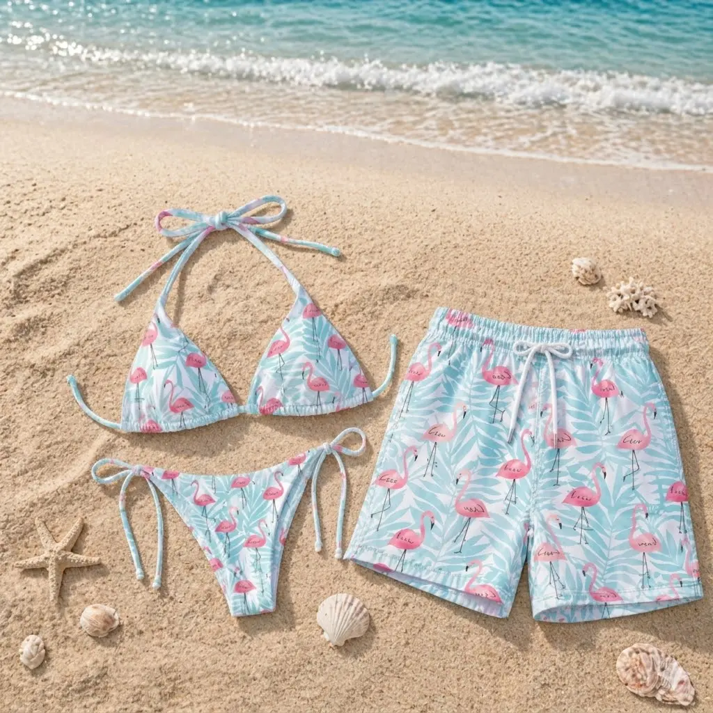 Matching Couples Light Blue Flamingo Print Swimwear Set, Women’s Tie-Side Triangle Bikini and Men’s Drawstring Swim Trunks, Tropical Beach Vacation Outfit