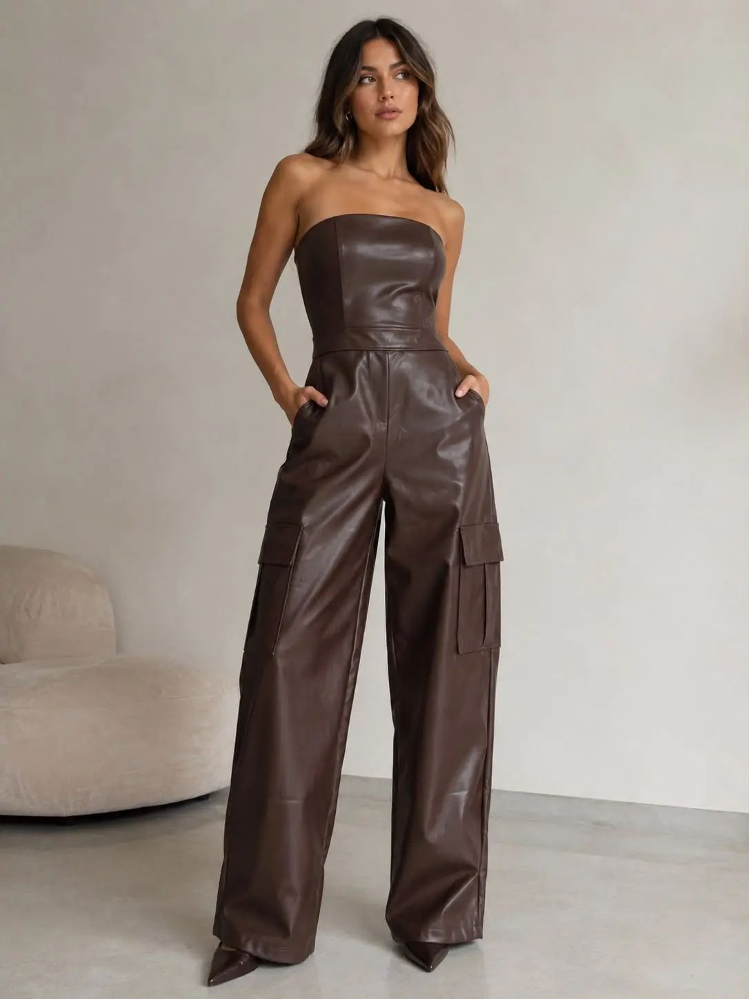 Women's Strapless Leather Jumpsuit