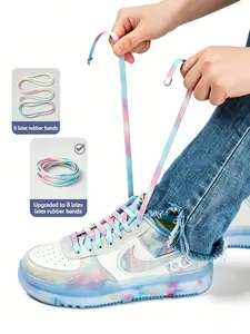 Dreamy Tie-Dye Lazy Shoelace, No-Tie Press Button, Gradient Color, Elastic Stretch, Wide Strap, for Sneakers, Dad Shoes, Commute, DIY Footwear