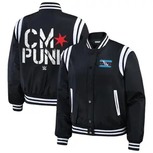 CM Punk Best In The World Distressed Text Back Graphic Varsity Jacket With Red Star And Chicago Flag Lightning Bolt Chest Patch Baseball Jacket For Men Women Gen Z Casual Fall Sport