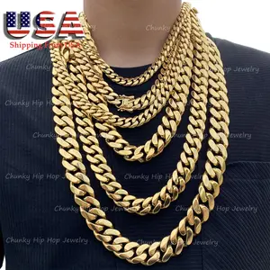 Cool Mens Necklace Silver/Gold Miami Cuban Link Soild Necklace 14K Gold Plated Stainless Steel Hip Hop Heavy Necklace Chain