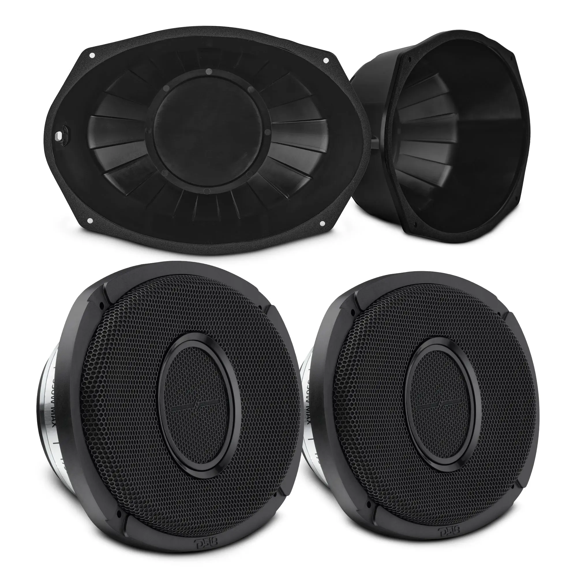 6x9” Hybrid Motorcycle Speaker Bundle – Slim 2-Way Loudspeakers + Sealed ABS Baffles (Pair) | IP65 Water-Resistant, High Output