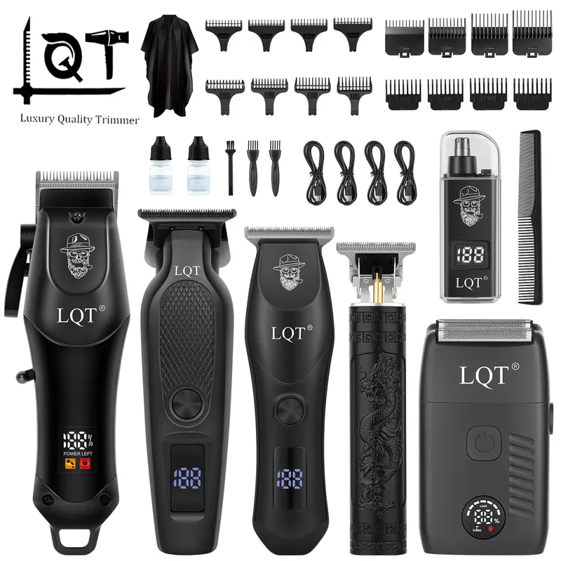 LQT 6-in-1 Adjustable Cordless Hair Clipper & Trimmer Kit for Men Adults - Stainless Steel Blades, Lightweight ABS Body, Rechargeable Battery, LED Display, Foil Shaver, Face Styling, Home Haircut, Cleaning Tools, Mens Gifts Father’s Day Set