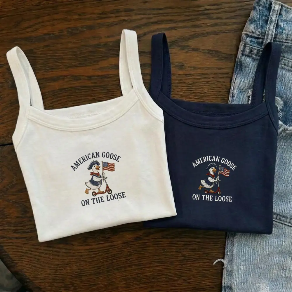 American Goose On The Loose 4th of July Crop Top, Patriot Summer Cami, Country Concert, Ribbed USA  Anniversary Tee