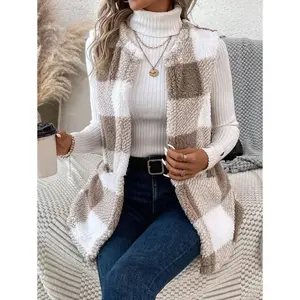 Buffalo Plaid Print Open Front Teddy Vest Coat In Fall/Winter