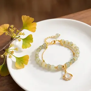 Ginkgo Jade Bracelet for Women, 18K Gold Plated Natural Hetian Jade Beaded Bracelet with Sparkling Rhinestone Pendant, Adjustable Dainty Layered Chain, Elegant Jewelry Gift for Her, Hand Polished Smooth Beads