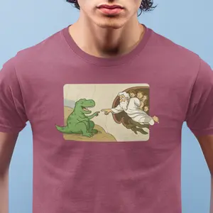 Creation of Life Funny Graphic T-Shirt - Dinosaur Meets Renaissance Design, Crew Neck, Short Sleeve, Casual Cartoon Style, Summer Wear, Ultra-soft Cotton, DTG Print, Unisex Fit, Perfect for Art Lovers