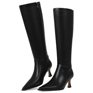 Women's Knee High Boots Kitten Heel Pointed Toe Boots Low Heel Boots with Side Zipper