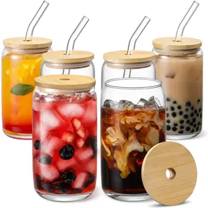 [ 6pcs Set ] Glass Cups with Bamboo Lids and Glass Straw - Beer Can Shaped, 16 oz Iced Coffee Drinking Glasses, Cute Tumbler Cup for Smoothie, Boba Tea, Whiskey, Water - 2 Cleaning Brushes Drinkware Bottle Classic Reusable Beverage Cocktails Colorful