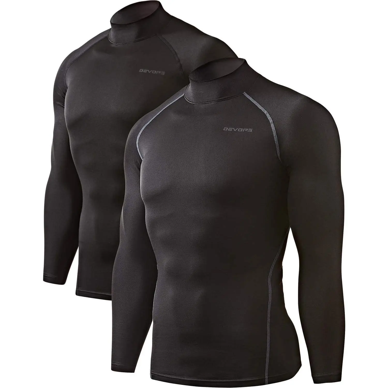 Men's 1# Black Turtle Mock Neck Thermal Underwear 2-Pack, Stretch Soft Plain Spandex Fleece Compression Long Sleeve Tops for Outdoor Use, 1# (Basic_2 Pack) Black / Black