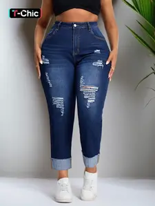 【Plus Size】 Solid Ripped Button Skinny Stretchy Jeans, Fashion Casual Pocket Design Denim Trousers for Daily Outdoor Wear, Women Clothing for All Seasons