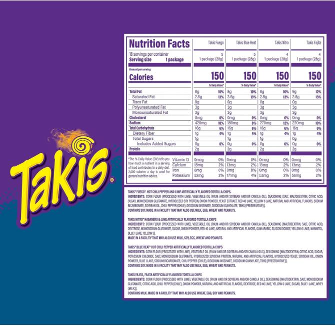 Takis 18 pc / 1 oz Variety Pack, Assorted Flavored Mixed Rolled Tortilla Chips – (5) Fuego, (5) Blue Heat, (4) Nitro, (4) Crunchy Fajitas