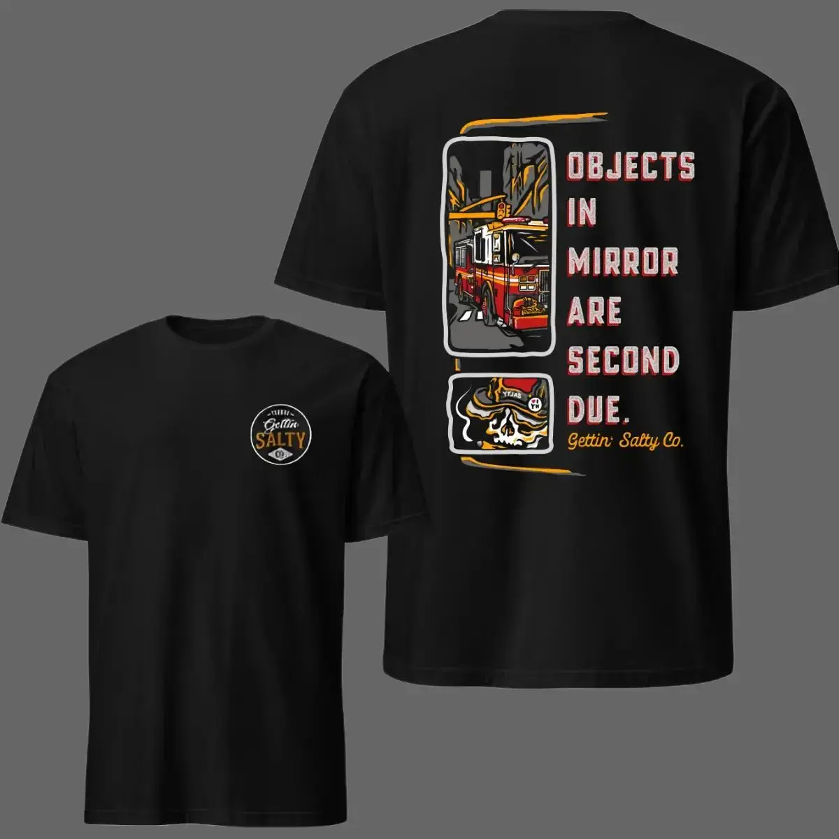 Objects in Mirror Firefighter T-Shirt, Vintage Fire Truck Graphic Tee, Soft Cotton Blend Shirt, Service Lifestyle Apparel for Men & Women, Firefighting Gift Menswear Top Top Tshirt Streetwear Crewneck Casual Tropical Shortsleeve