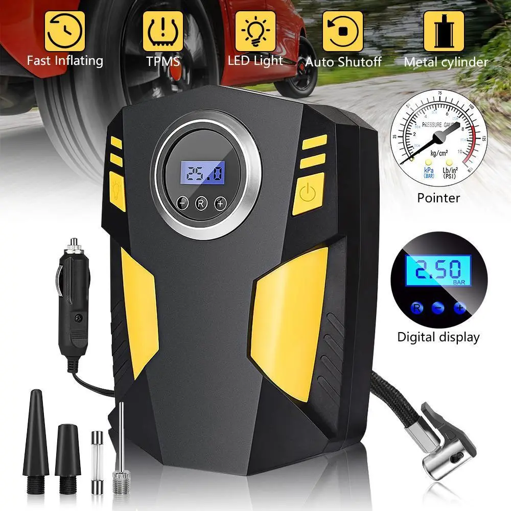 【FathersDayGift】Tire Inflator Car Air Pump Compressor Electric Portable Auto 12V Volt 150 PSI, Air Compressor Portable Tire Inflator for Car Tires, Digital Pressure Gauge, LED Light, Presetting & Auto Shut-off 12V DC Air Pump Max 150 PSI for Car SUV
