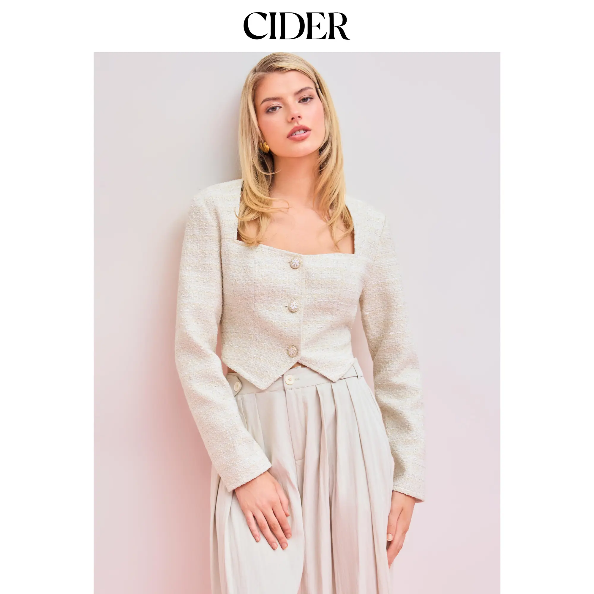 Cider Tweed Square Neck Solid Button Crop Jacket