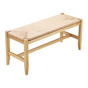 【fathersdaygift】VEVOR Rattan Bench, 40" Wooden Rattan Bench, Entrywway Bench with Oak Wood Legs, Bedroom End of Bed Boho Bench with Hand Woven Rattan, for Living Room, Kitchen
