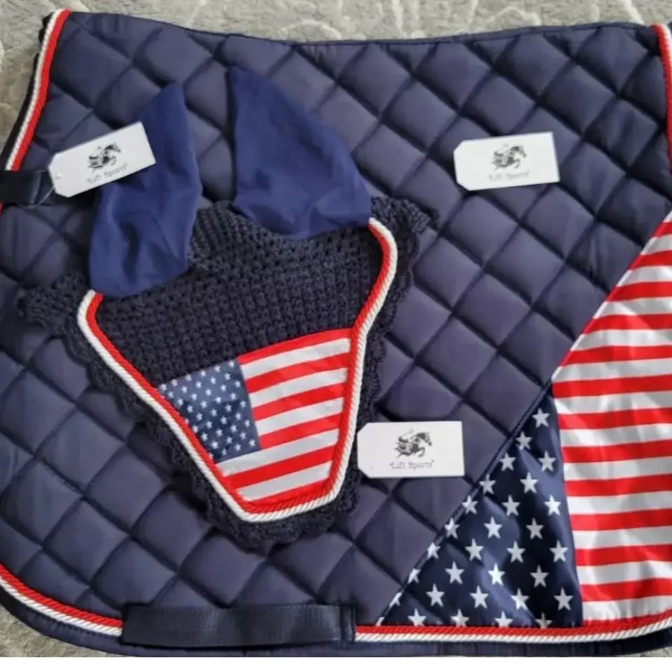 USA American Flag Horse Saddle Pad Set in Navy Blue with Matching Fly Ear Bonnet, English Style