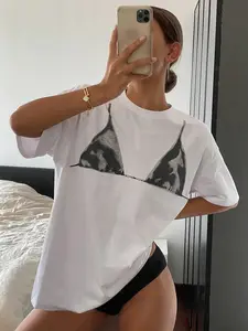 Women's Short Sleeve T-Shirt, Bikini Print, Everyday Casual Fitted Style, Comfortable Fashion, Youthful Trendy, Outdoor Campus Daily Wear