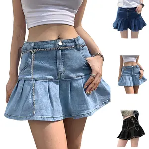 Ommig Women's Short  Denim Skirt Slim A-line Pleated Ruffle Mini Jean Y2K Skirts with Built-in Shorts