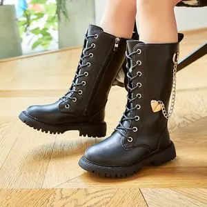 Black Diamond Pattern Girls' High Boots |           Fashion British style, side zipper and chain decoration, rubber sole |        Perfect Autumn and Winter Princess Style