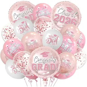 Pink and Rose Gold Graduation Balloons Graduation Decorations 2026, 51Pcs Grad Latex Balloons and Grad Foil Balloon with Confetti Ribbons Grad Party Decorations for College High School