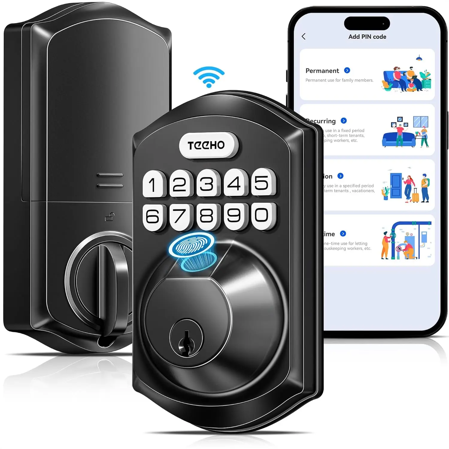 WiFi  Lock TE012W, Fingerprint Door Lock with Built-in , Keyless Entry Keypad Deadbolt, App Remote Control, Alexa Compatible, IP55  for Front Door - Matte Black