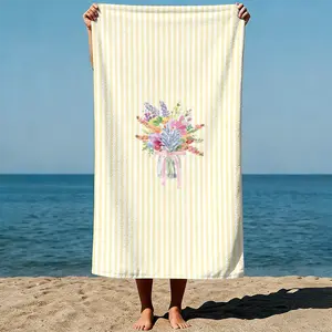 Flower bouquet in a jar with a pink ribbon, vertical striped background, watercolor painting style. Sand-Free Beach Towel | Ultra-Light Microfiber | Quick-Dry, Compact for Travel