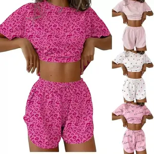 Lady's 2-Piece Light Spandex Loungewear Set - Short-Sleeve Cropped T-Shirt, Drawstring Pocket Shorts, Sweet Cherry Heart Leopard Print, Solid Accents, Elegant Fit for Spring/Summer Everyday Casual Sports Homewear