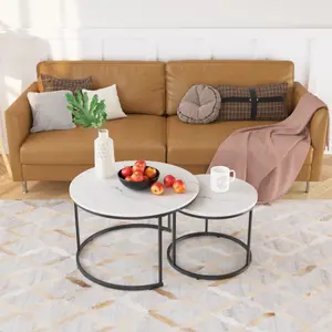 Nesting Coffee Table Set of 2, 27.6inch Round Coffee Table Wood Marble Pattern Top with Sturdy Metal Frame, End Table Side Tables for Living Room Bedroom Balcony Yard Furniture Modern desk gaming desk