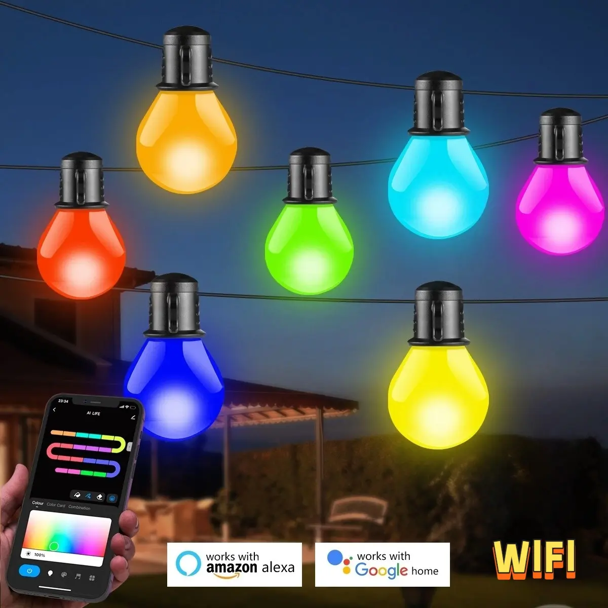 15M 30 LED / 30M 50 LED Smart WiFi Bluetooth LED Bulb String Lights, Alexa Google Voice Control, IP65 Waterproof USB Powered, Warm White Multi Color for Indoor Outdoor Garden Wedding Camping Decor LED Lighted