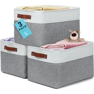 OrganiHaus 15x11in Canvas Storage Baskets 3 Pack | LARGE Fabric Bins for Shelves | Closet & Bedroom Storage | Gray/Off-White