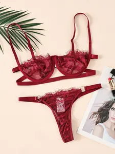 Lace Underwear Lingerie Set 2 Pieces, Eyelash Lace Bra and Thong, 8 Color Options, Sexy Romantic Sleepwear, Casual Fitted Suit
