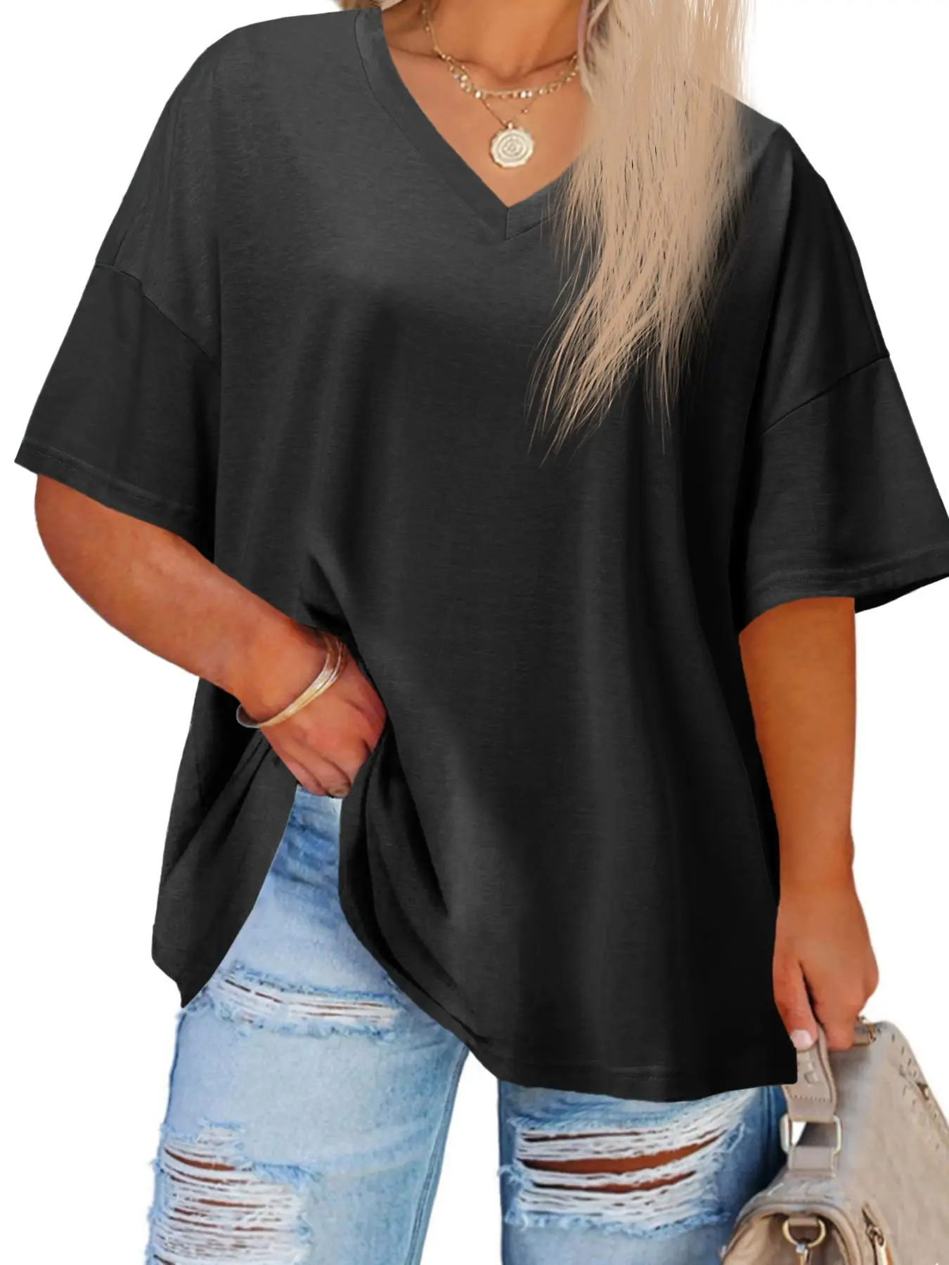 【Plus Size】 Plain V Neck Drop Shoulder Tee, Casual Basic Half Sleeve T-shirt, Women's Summer Clothes for Daily Wear, T Shirts for Women, 90s Graphic T