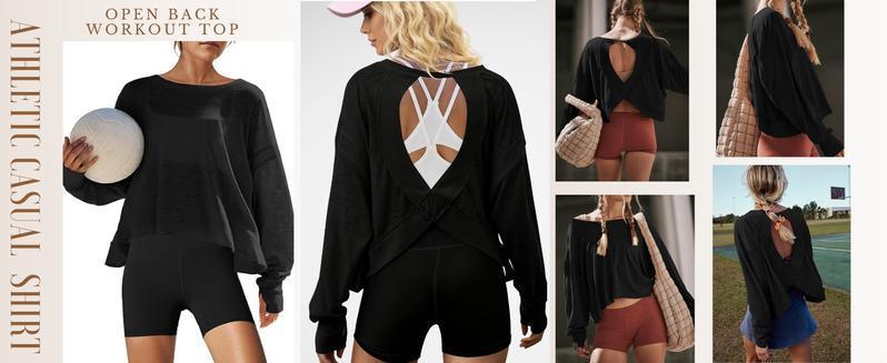 Mundoven Womens Open Back Workout Top Long Sleeve Athletic Shirts Casual Crop Running Tee Y2k Yoga