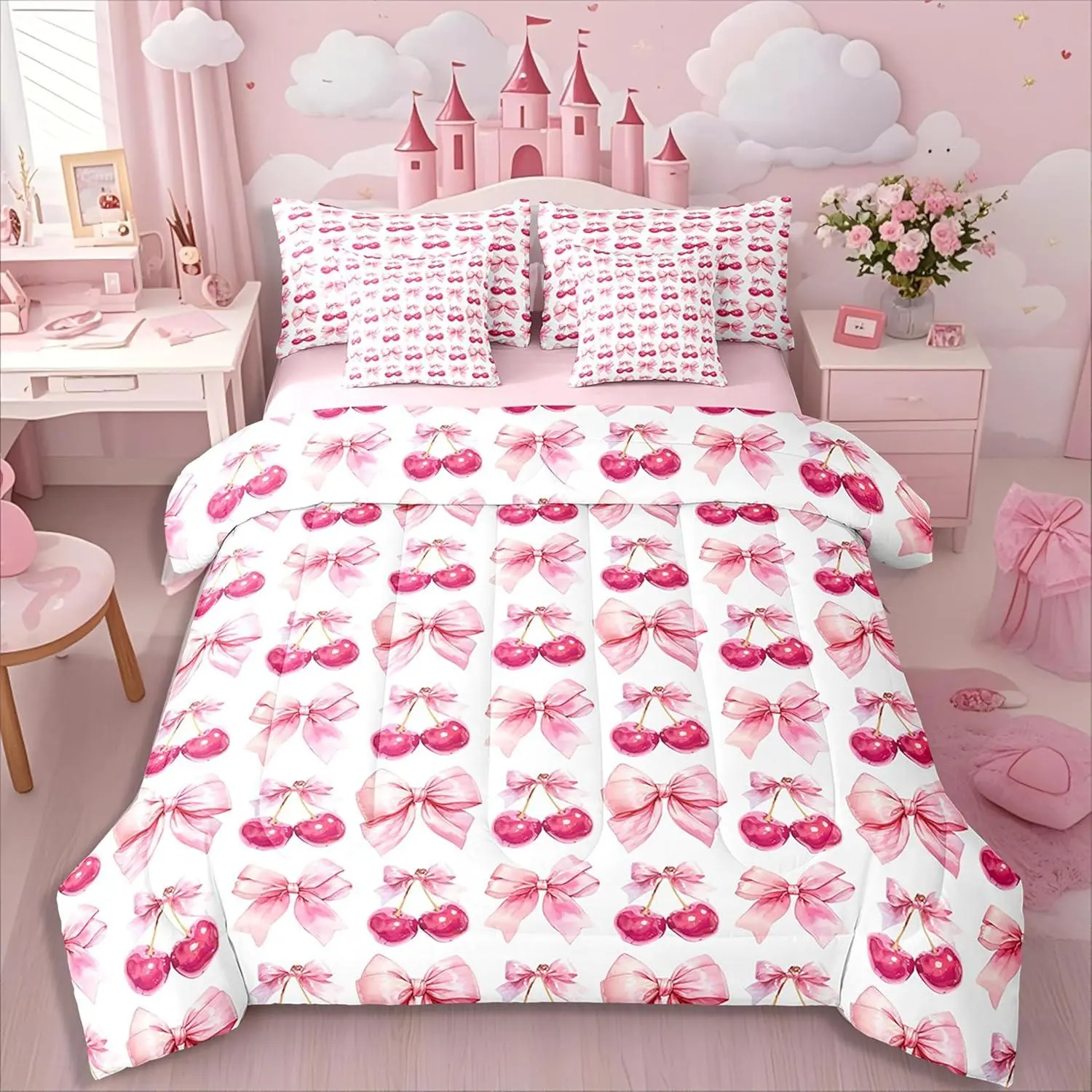 Cherry Bow 7 Pieces Bedding Pink Bow Girls Bed in A Bag for Kids Teens Trendy Aesthetic Coquette Comforter Set with Sheets Modern Preppy Girly Fashion Bed Set,for Women