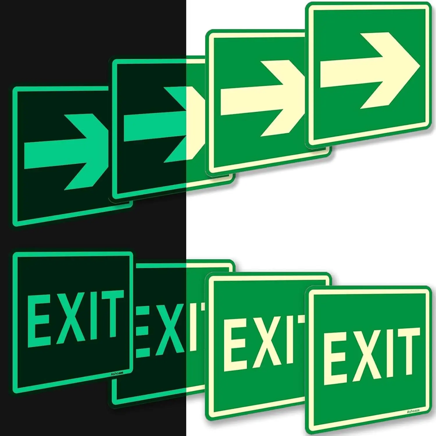 EXIT Signs Glow in the Dark Decals – 8 Pack 15x15 cm Photoluminescent Emergency Exit Stickers with Directional Arrow, Glows Up to 10 Hours for Home Office