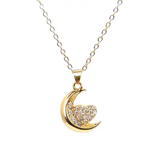 Korean Style Rhinestone Inlaid Heart Moon Necklace Creative My Heart in Moon Delicate Clavicle Chain