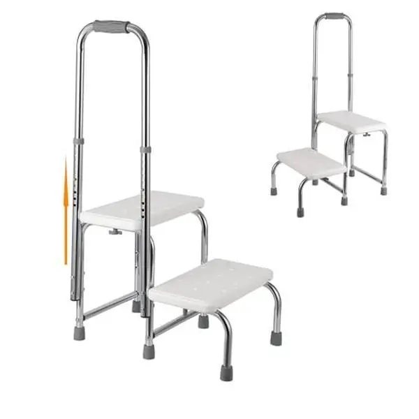 Functional Single Seat Step Stool with Adjustable Rail, Non-Skid Rubber Base, Lightweight Sturdy Design, 450 LB Capacity, 8.5-16.5 in Height for Seniors, Bedside Use