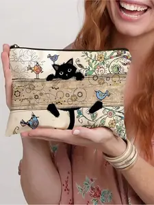 1pc Cute Cat Pattern Cosmetic Bag, Handheld Cosmetic Pouch, Makeup Storage Bag, Portable Travel Organizer Pouch, Women Handbag, Summer Bag, Holiday Bag, Makeup Bag, Wallet, Backpack, Back To School Supplies, Cosmetic Travel Bags, Travel Accessory
