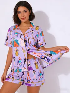 Women's Sleepwear Set, Singer Printed Short Sleeve Shorts, Spring Summer Fall Casual Home Wear Loungewear, All Season Fitted Top with Pocket Pjs