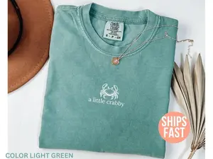 Comfort Colors A Little Crabby Shirt, Playful Minimalist Beach T-shirt, Aesthetic Funny Meme Graphic Tee, Trendy Oversized Summer Celebration Design, Premium Garment Dyed Coastal Vibe Apparel