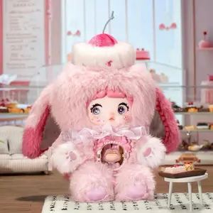 Nommi • Cherry Pop • A Bite of Sweetheart Series Vinyl Bunny Keychain Plush Toy - Adorable Pink Fuzzy Fur Belly Window Bow - Perfect for Collectors