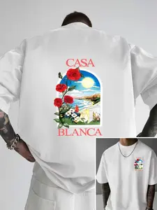 Summer new CASA BLANCA printed T-shirt men's rose island loose breathable fabric unisex short sleeved shirt, printed on both front and back cotton