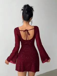 Elegant Bow Backless Sparkle Fabric Long Sleeve Tight Mini Dress, Women's Dress, Sexy Party Wear, Summer Fashion, Casual & Clubwear