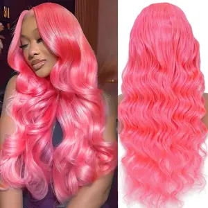 Pink Lace Front Wigs Human Hair 13x6 Hd Full Lace Front Wig Human Hair Pre Plucked Hot Pink Body Wave Wig Human Hair for Black Women 180% Density Wear and Go Glueless Pink Wig With Baby Hair 26 Inch